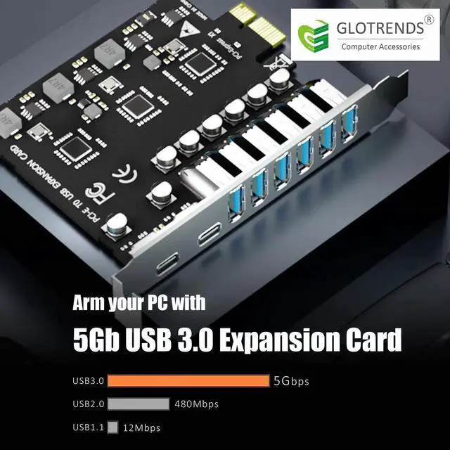 Alt view image 5 of 7 - U6A2C 8-Port PCIe USB 3.0 Expansion Card, 2 Type-C + 6 Type-A 5Gbps Desktop PCI Express Card, Compatible with Intel AMD ARM Platform, Support Windows Linux Not Mac OS