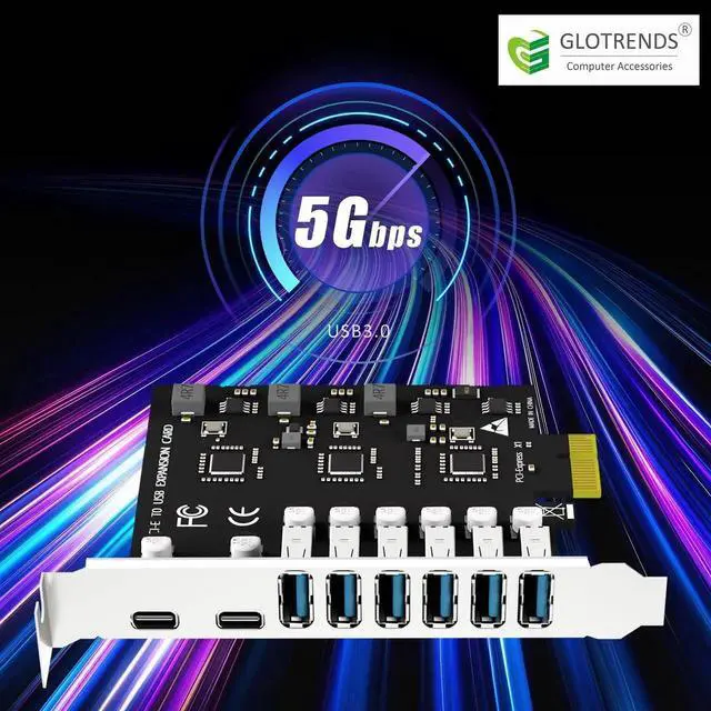 Alt view image 7 of 7 - U6A2C 8-Port PCIe USB 3.0 Expansion Card, 2 Type-C + 6 Type-A 5Gbps Desktop PCI Express Card, Compatible with Intel AMD ARM Platform, Support Windows Linux Not Mac OS