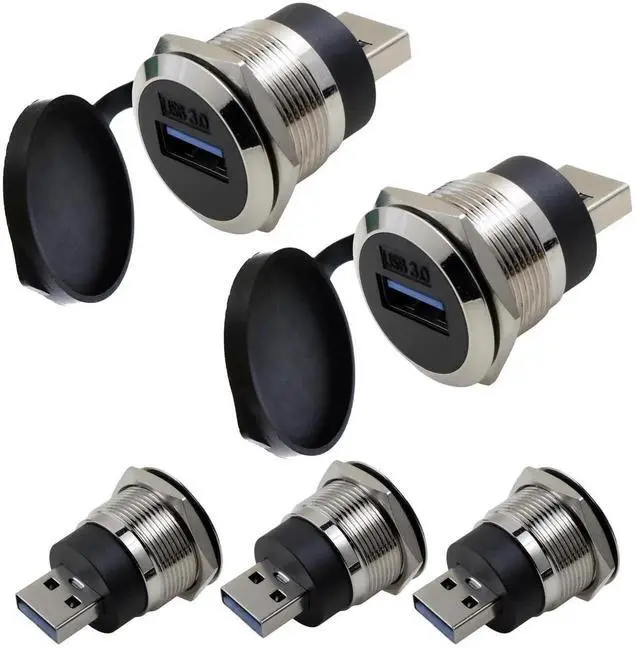 Main image of USB 3.0 Male to Female Waterproof Panel Mount Adapter, 5Gbps Data Transfer & Charging, Threaded Round Socket with Nut Fixing, Dustproof Durable Connector 5-Pack Silver