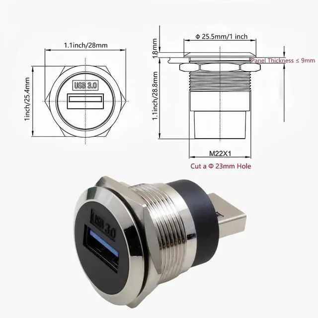 Alt view image 6 of 6 - USB 3.0 Male to Female Waterproof Panel Mount Adapter, 5Gbps Data Transfer & Charging, Threaded Round Socket with Nut Fixing, Dustproof Durable Connector 5-Pack Silver