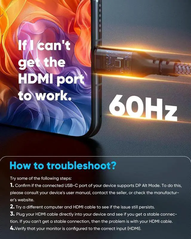 Alt view image 7 of 7 - 4K@60Hz USB C to HDMI Cable, 3.3FT Thunderbolt 3/4 Compatible Type-C to HDMI Cord for iPhone 16/15 Series, MacBook Pro/Air, iPad, Surface, Galaxy, XPS and More