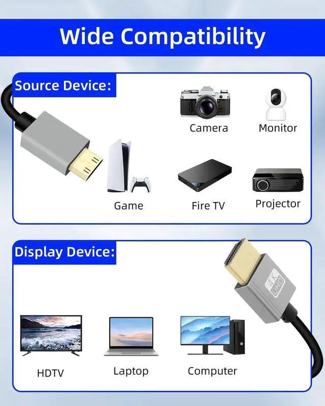 Alt view image 5 of 7 - 2.2FT Coiled Mini HDMI to HDMI Cable, HDMI 2.0 4K@120Hz 18Gbps Gold Plated Short Coiled Cord for Camera Camcorder HDTV Tablet