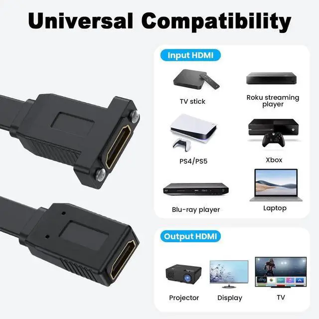 Alt view image 6 of 7 - 1.5ft Flat HDMI Extension Cable, 4K 18Gbps HDMI Female to Female Panel Mount Extender Cord Supports Ethernet 3D 4K HDTV Monitor