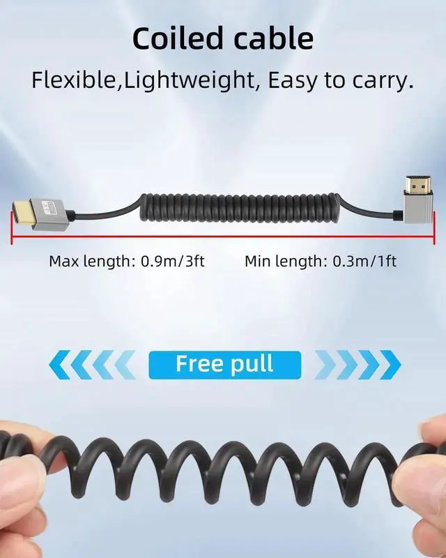 Alt view image 4 of 7 - 2.2FT 90 Degree Left Angle Coiled HDMI Cable, HDMI 2.0 Spring Spiral Short HDMI to HDMI Cord 18Gbps 4K@120Hz Compatible with Camera TV Capture Card Tablet