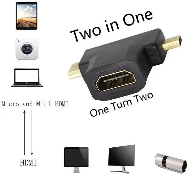 Alt view image 2 of 7 - 2 Pack 2 in 1 HDMI Female to Mini HDMI & Micro HDMI Adapter, Gold-Plated Universal Mini/Micro HDMI Male to HDMI Female Converter Connector