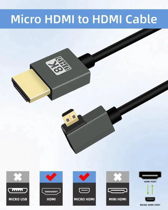 Alt view image 7 of 7 - 2.2FT 90 Degree Right Angle Micro HDMI to HDMI Cable, Coiled HDMI 2.1 8K@60Hz 48Gbps Short Cord for Camera Camcorder HDTV Tablet