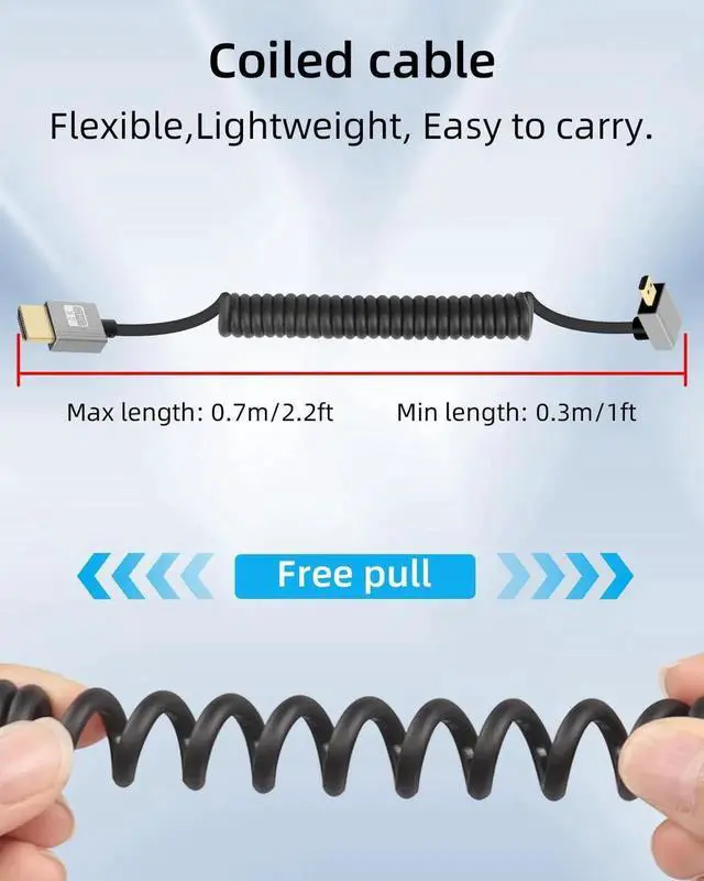 Alt view image 4 of 7 - 2.2FT 270 Degree Up Angle Coiled Micro HDMI to HDMI Cable, HDMI 2.0 Spring Spiral Cord 18Gbps 4K@120Hz for Camera Camcorder HDTV Tablet