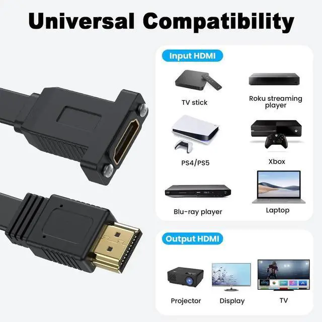 Alt view image 5 of 7 - 1.5ft Flat HDMI 2.0 Extension Cable, 18Gbps High Speed Male to Female Panel Mount HDMI Cord with Screw Hole, Support Ethernet 4K@60Hz 3D 2160p Compatible with UHD TV PS3 PS4