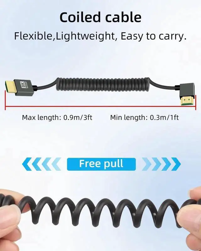 Alt view image 6 of 7 - 2.2FT 90 Degree Left Angle HDMI Coiled Cable, HDMI 2.1 Spring Spiral Cord 48Gbps 8K@60Hz for Camera TV Capture Cards Tablet