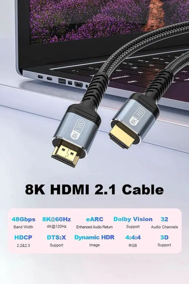 Alt view image 4 of 7 - 10K 8K 4K HDMI 2.1 Cable 6FT, 48Gbps Ultra High Speed Braided HDMI Cord, 8K@60Hz 4K@120Hz Dynamic HDR eARC HDCP 2.2 2.3 Compatible with TV Laptop Monitor PS5 Xbox Projector Sound System