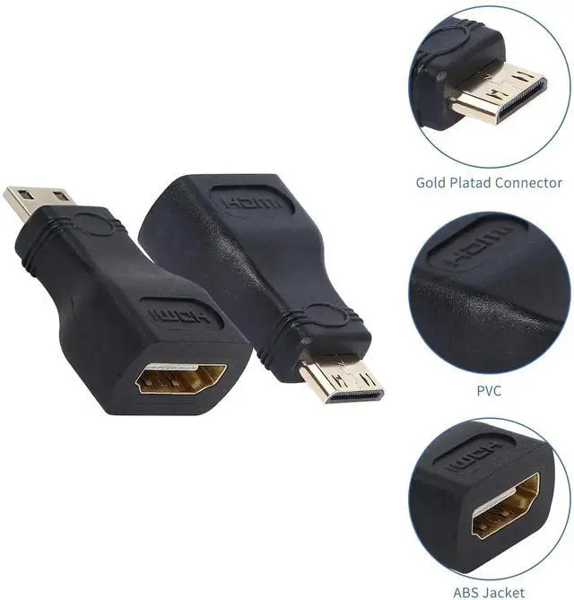 Alt view image 2 of 6 - 2 Pack Gold Plated Mini HDMI Male to Standard HDMI Female Adapter, 4K 3D 1080P Full HD Connector Compatible with Camera Tablet Video Card