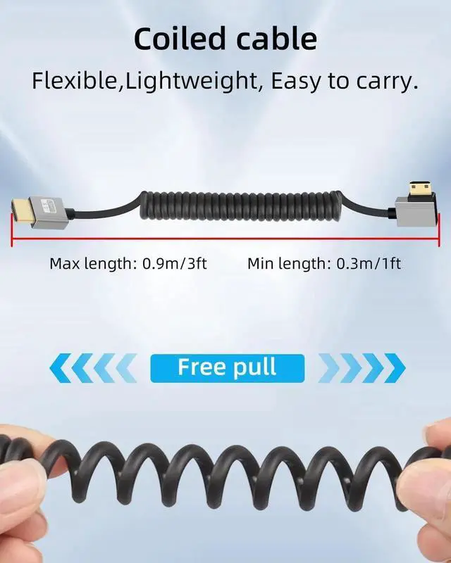 Alt view image 4 of 7 - 90 Degree Left Angle Mini HDMI to HDMI Coiled Cable 2.2FT, HDMI 2.0 18Gbps 4K@120Hz Retractable Short Cord for Camera Camcorder HDTV Tablet