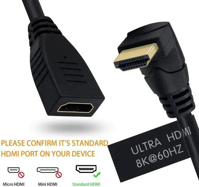 Alt view image 5 of 7 - 2FT 8K HDMI 2.1 Extension Cable, 90 Degree Up Angle 48Gbps Ultra High Speed HDMI Extender Cord Support 8K@60Hz 4K@120Hz 3D Ultra HDR for HDTV Monitor Projector
