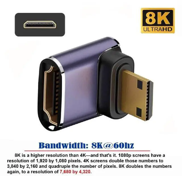 Alt view image 3 of 7 - 90 Degree Up Angled Mini HDMI Male to Female Adapter, HDMI 2.1 8K@60Hz UHD Gold Plated Mini HDMI Extender Converter for HDTV