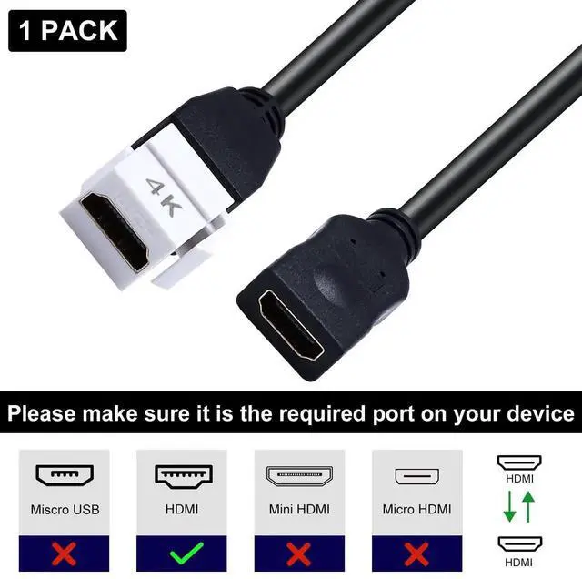 Alt view image 6 of 7 - 8 Inch HDMI Keystone Jack Pigtail Cable, 4K@60Hz 3D Female to Female HDMI Wall Plate Snap-in Video Extension Cord