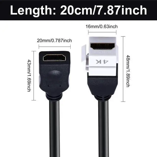 Alt view image 2 of 7 - 8 Inch HDMI Keystone Jack Pigtail Cable, 4K@60Hz 3D Female to Female HDMI Wall Plate Snap-in Video Extension Cord