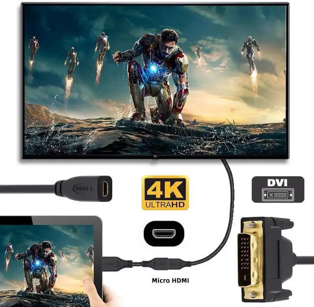 Alt view image 5 of 7 - 20cm Micro HDMI 1.4 Type-D to DVI 24+1 Cable, 4K UHD Male to Female Extension Cord Black for HDTV Graphics Card