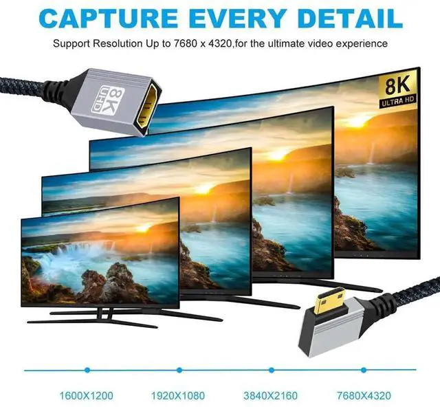 Alt view image 2 of 7 - 17cm 90 Degree Right Angled Type-C Mini HDMI 2.1 to HDMI Female Short Extension Cable, 8K UHD HDTV Cord for DV Camera Laptop Portable Monitor