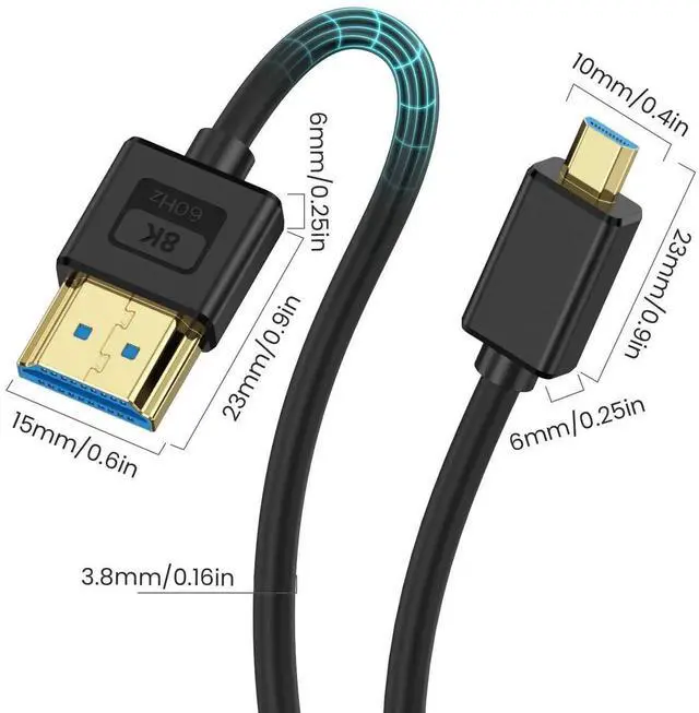 Alt view image 2 of 7 - 1ft Ultra Thin Micro HDMI 2.1 to HDMI Cable, 48Gbps 8K@60Hz Soft Slim Silicone Short Cord Compatible with Digital Camera Camcorders