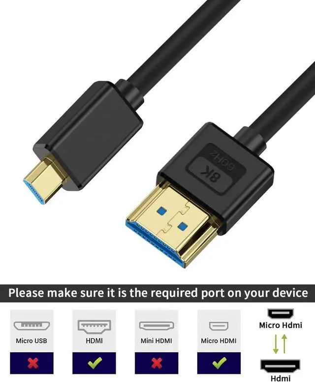 Alt view image 5 of 7 - 1ft Ultra Thin Micro HDMI 2.1 to HDMI Cable, 48Gbps 8K@60Hz Soft Slim Silicone Short Cord Compatible with Digital Camera Camcorders