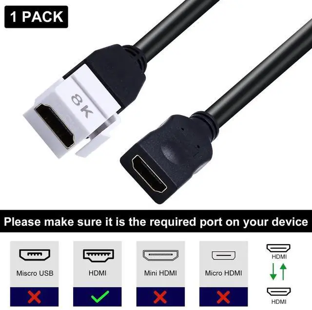 Alt view image 5 of 7 - 8 Inch 8K HDMI 2.1 Keystone Jack Pigtail Cable, 48Gbps Female to Female Snap-in Video Extension Connector, Compatible with White Wall Plate, Support 8K@60Hz 4K@60Hz