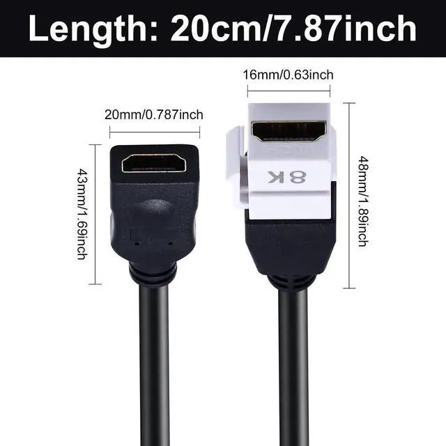 Alt view image 3 of 7 - 8 Inch 8K HDMI 2.1 Keystone Jack Pigtail Cable, 48Gbps Female to Female Snap-in Video Extension Connector, Compatible with White Wall Plate, Support 8K@60Hz 4K@60Hz