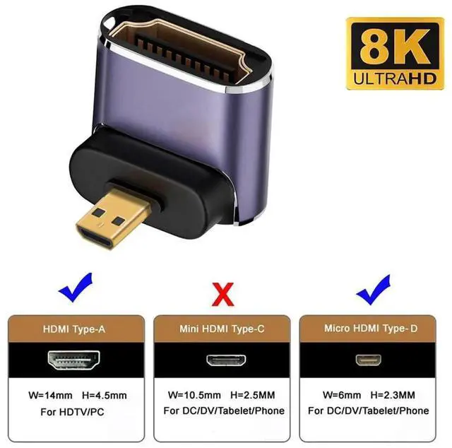 Alt view image 7 of 7 - 8K 90 Degree Up Angled Micro HDMI to HDMI 2.1 Adapter, Gold Plated Micro HDMI Male to HDMI Female UHD Extension Converter Support 8K@60Hz for HDTV Camera Laptop