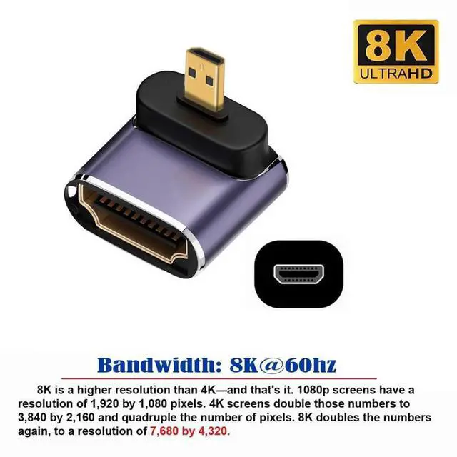 Alt view image 5 of 7 - 8K 90 Degree Up Angled Micro HDMI to HDMI 2.1 Adapter, Gold Plated Micro HDMI Male to HDMI Female UHD Extension Converter Support 8K@60Hz for HDTV Camera Laptop