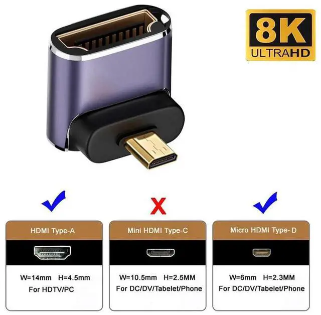 Alt view image 7 of 7 - 90 Degree Down Angled Micro HDMI 2.1 Adapter, 8K@60Hz Gold Plated Micro HDMI Male to HDMI Female UHD Extension Converter for HDTV Camera Laptop Portable Monitor