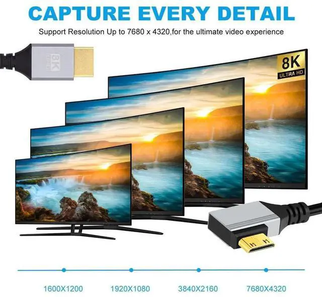 Alt view image 7 of 7 - 0.5m/1.5ft 90 Degree Right Angled Mini HDMI 2.1 Cable, Ultra Thin Hyper Flexible Type-A to Type-C 8K 4K Slim HDTV Cord for Camera HDTV