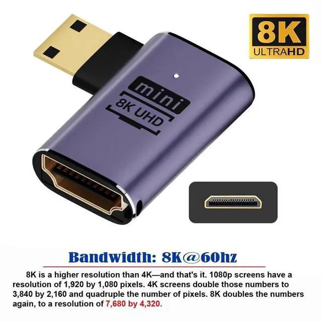 Alt view image 7 of 7 - 8K 60Hz Left Angled Mini HDMI Male to HDMI 2.1 Female Adapter, UHD Gold Plated Extension Converter for HDTV Monitor Camera