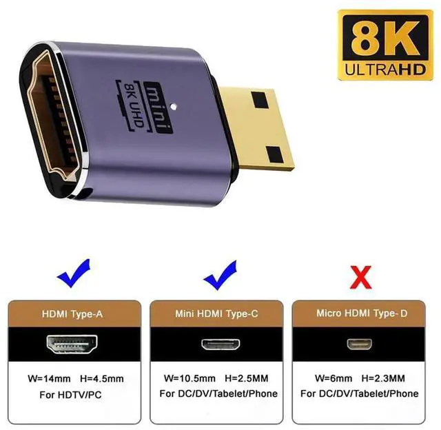Alt view image 2 of 7 - 8K 60Hz Mini HDMI Male to HDMI 2.1 Female Adapter, Gold Plated UHD Extension Converter for HDTV Camera Laptop Monitor