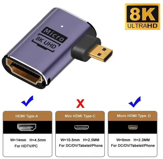 Alt view image 5 of 7 - 8K 60Hz Right Angled Micro HDMI Male to HDMI 2.1 Female Adapter, Gold Plated UHD Right Angle Extension Converter for HDTV Camera Laptop Monitor