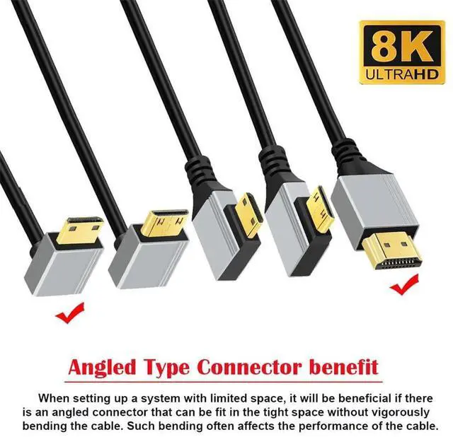 Alt view image 4 of 7 - 0.5m/1.5ft 90 Degree Down Angled Mini HDMI 2.1 Cable, Ultra Thin Hyper Flexible Type-A to Type-C 8K 4K Slim HDTV Cord for Camera HDTV