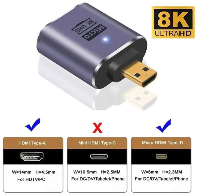 Alt view image 6 of 7 - 8K Micro HDMI to HDMI 2.1 Adapter, Gold-Plated Type-D Male to Standard HDMI Female UHD Extension Converter Support 8K@60Hz for Camera Tablet Laptop HDTV Monitor