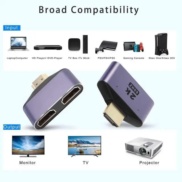 Alt view image 7 of 7 - HDMI 1 in 2 Out Splitter Adapter, 2K@60Hz Bi-Directional HDMI Selector Switcher, 1 Male to 2 Female HDMI Connector with LED Indicator for HDTV Monitor Laptop Game Console