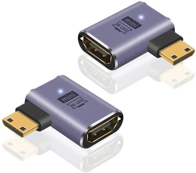 Main image of 8K 90 Degree Left & Right Angle Mini HDMI to HDMI Adapter, 48Gbps HDMI 2.1 Mini-HDMI Male to Female Converter Support 8K@60Hz Compatible with Camera Projector Raspberry Pi, 2-Style Pack