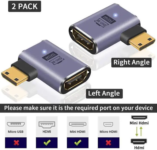 Alt view image 2 of 7 - 8K 90 Degree Left & Right Angle Mini HDMI to HDMI Adapter, 48Gbps HDMI 2.1 Mini-HDMI Male to Female Converter Support 8K@60Hz Compatible with Camera Projector Raspberry Pi, 2-Style Pack