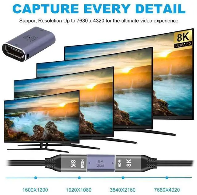 Alt view image 4 of 7 - HDMI 2.1 Female to Female Adapter, Gold-Plated UHD HDMI Extension Coupler Support 8K@60Hz for HDTV Monitor Projector