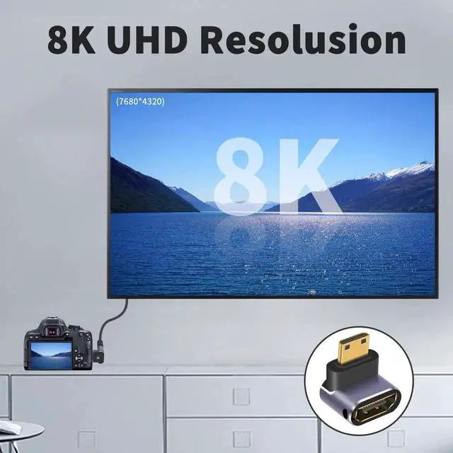 Alt view image 2 of 7 - 2-Pack Up and Down Angled Mini HDMI to HDMI Adapter, 8K@60Hz 48Gbps Male to Female HDMI 2.1 Converter Support 4K@60Hz HDR 3D Compatible with Camera Projector Raspberry Pi