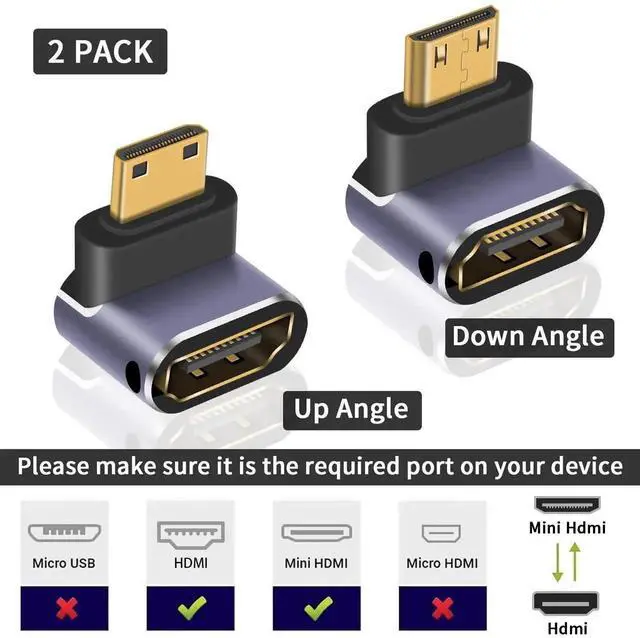 Alt view image 5 of 7 - 2-Pack Up and Down Angled Mini HDMI to HDMI Adapter, 8K@60Hz 48Gbps Male to Female HDMI 2.1 Converter Support 4K@60Hz HDR 3D Compatible with Camera Projector Raspberry Pi