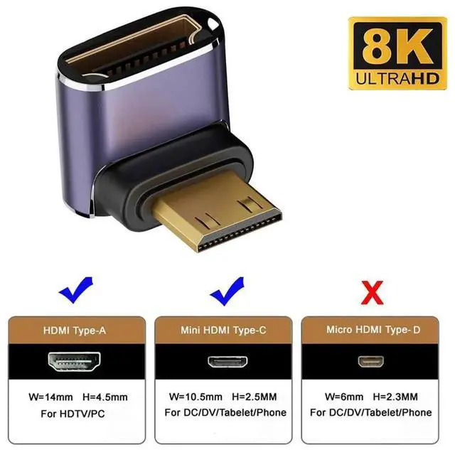 Alt view image 5 of 7 - 8K Down Angled Mini HDMI Male to HDMI 2.1 Female Adapter, Gold-Plated UHD Extension Converter Support 8K@60Hz for HDTV Monitor Camera Projector