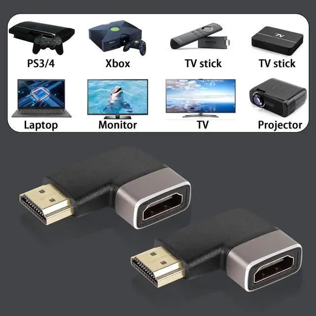Alt view image 7 of 7 - 2 Pcs 90 Degree Left Bend L-Shape HDMI 2.1 Angle Adapter, 8K@60Hz 4K@120Hz HDR Right Angle Male to Female HDMI Extender Coupler for TV Projector Laptop PC