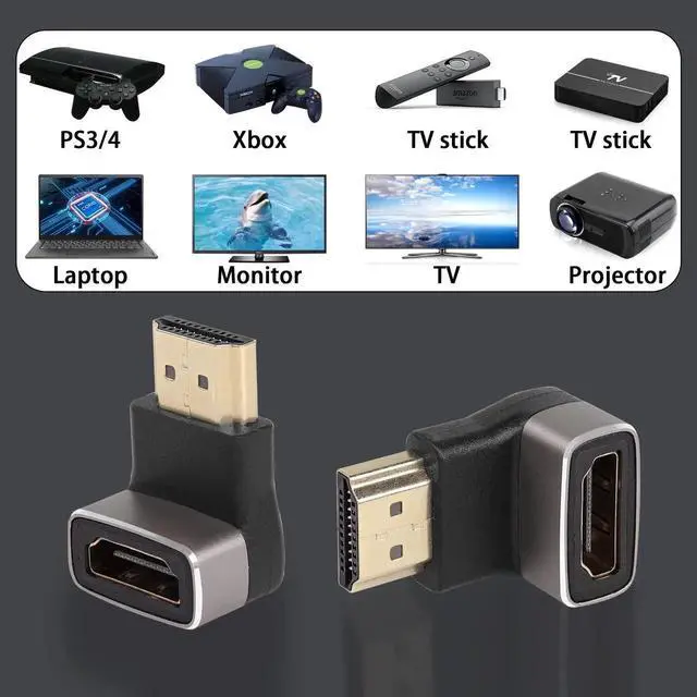 Alt view image 2 of 7 - 2Pcs 90 Degree Up Bend L-Shape HDMI 2.1 Right Angle Adapter, 8K@60Hz 4K@120Hz HDR Male to Female HDMI Extender Coupler for TV Projector Laptop PC