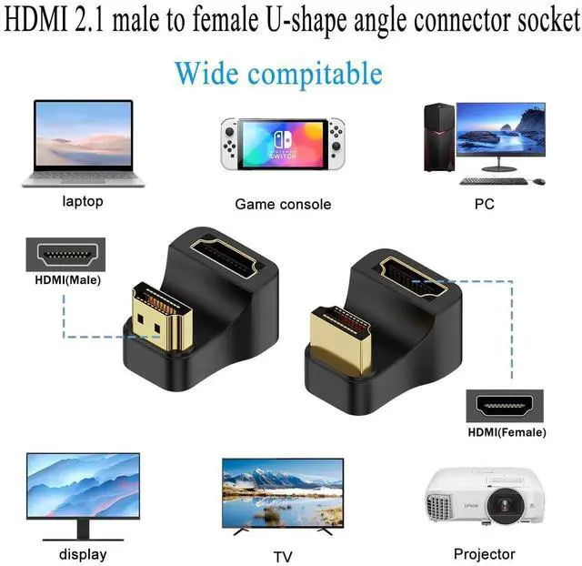 Alt view image 3 of 5 - 2Pcs HDMI 2.1 U-Shape Angle Adapter, 1 Positive + 1 Reverse 180° 8K@60Hz 3D UHD Male to Female Ultra HD Connector Socket for HDTV Laptop PC Monitor Projector