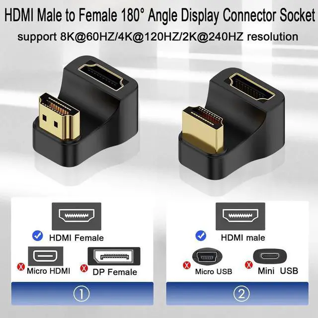 Alt view image 5 of 5 - 2Pcs HDMI 2.1 U-Shape Angle Adapter, 1 Positive + 1 Reverse 180° 8K@60Hz 3D UHD Male to Female Ultra HD Connector Socket for HDTV Laptop PC Monitor Projector