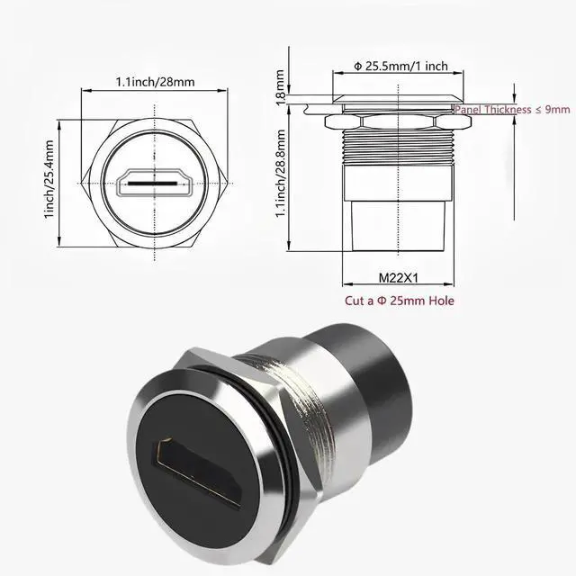 Alt view image 5 of 5 - HDMI Panel Mount Adapter 4K@60Hz, Female to Female Threaded Connector with Anti-Loosening Gasket & Waterproof Cover, Silver for Car Dashboard Device Panel Installation
