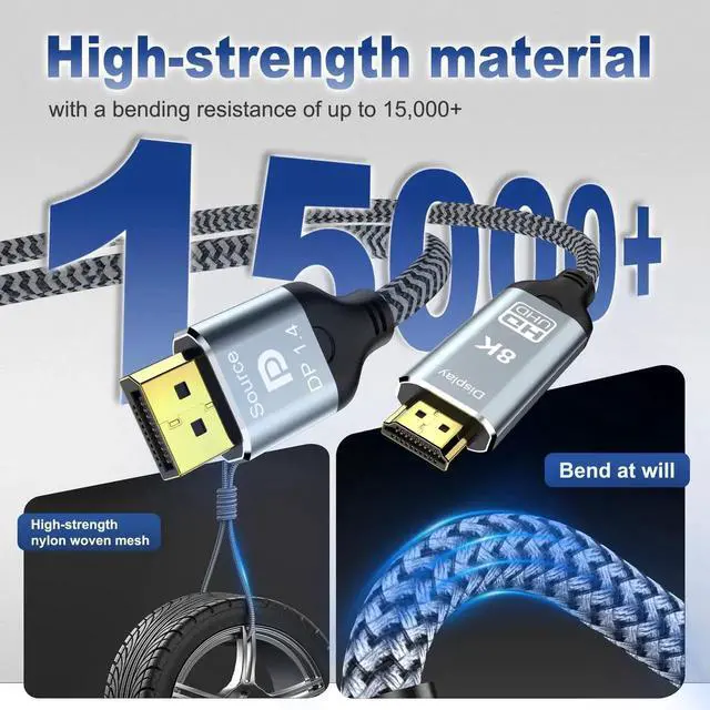 Alt view image 5 of 7 - 6.6FT DisplayPort to HDMI 8K Cable, Uni-Directional DP 1.4 Source to HDMI 2.1 Display Cord, 8K@60Hz 4K@120Hz HDCP 2.3 HDR10 Compatible with AMD NVIDIA PC Monitor