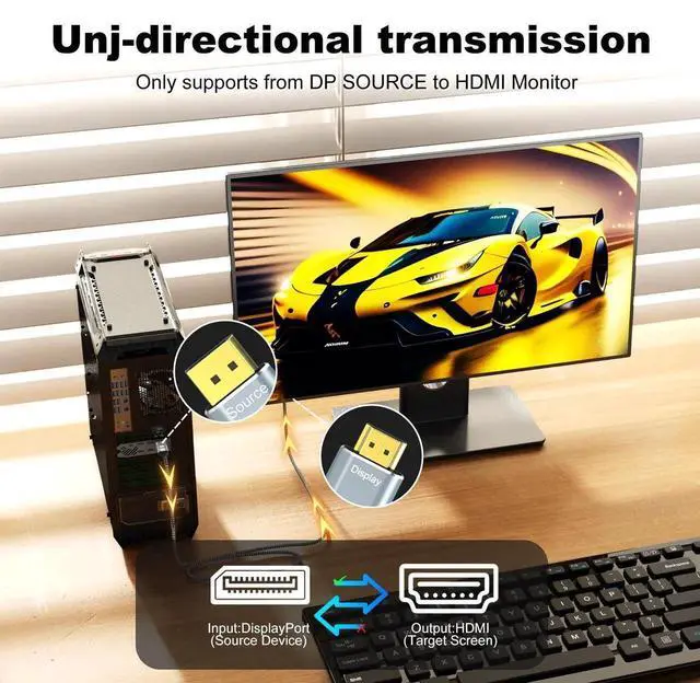 Alt view image 3 of 7 - 6.6FT DisplayPort to HDMI 8K Cable, Uni-Directional DP 1.4 Source to HDMI 2.1 Display Cord, 8K@60Hz 4K@120Hz HDCP 2.3 HDR10 Compatible with AMD NVIDIA PC Monitor