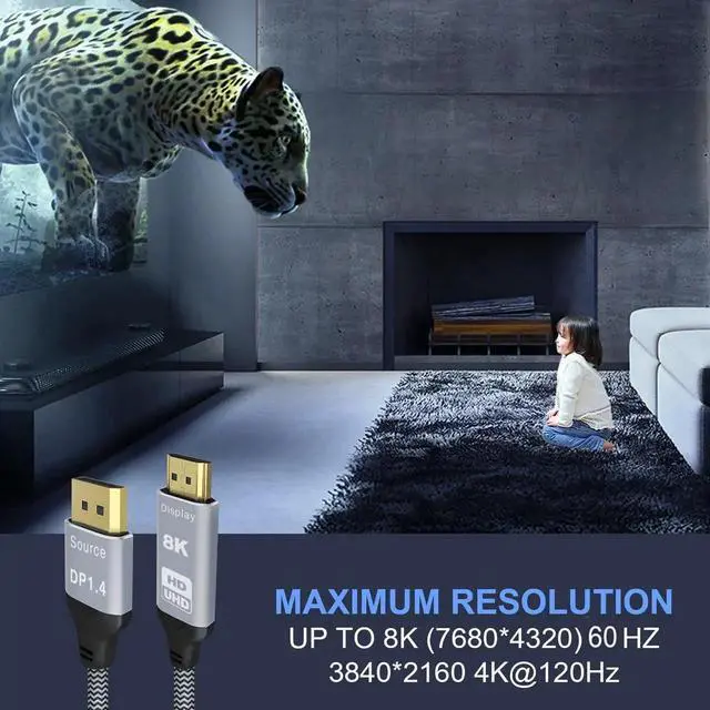 Alt view image 7 of 7 - 6.6FT DisplayPort to HDMI 8K Cable, Uni-Directional DP 1.4 Source to HDMI 2.1 Display Cord, 8K@60Hz 4K@120Hz HDCP 2.3 HDR10 Compatible with AMD NVIDIA PC Monitor